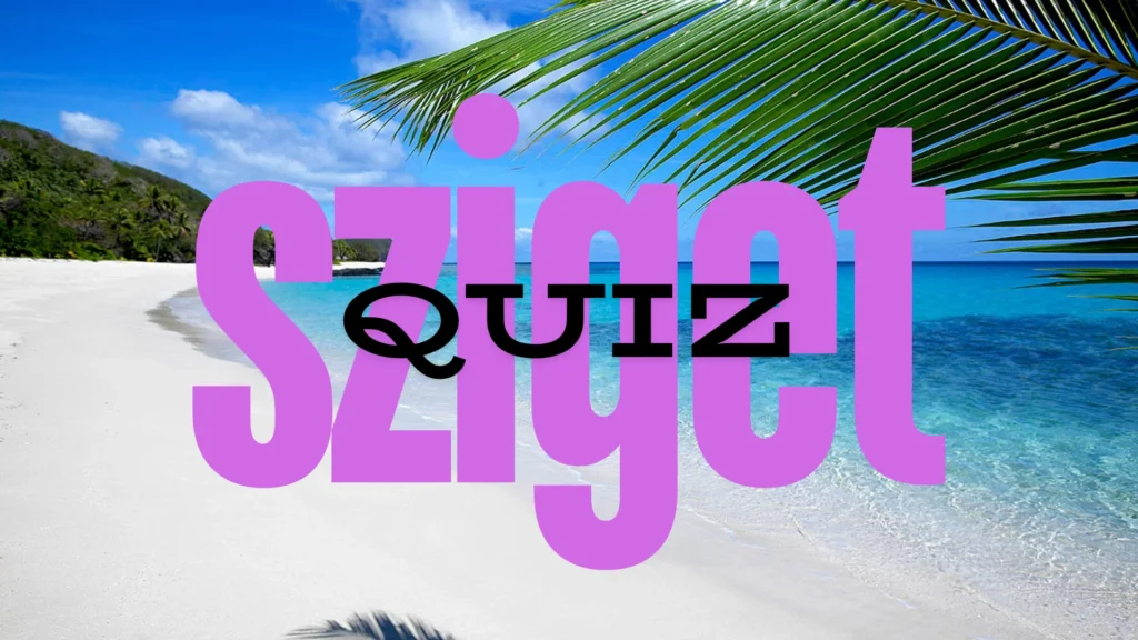 Homokos tengerpart, belogó zöld pálmalevéllel, és egy a képre irt felirattal. "Sziget quiz"