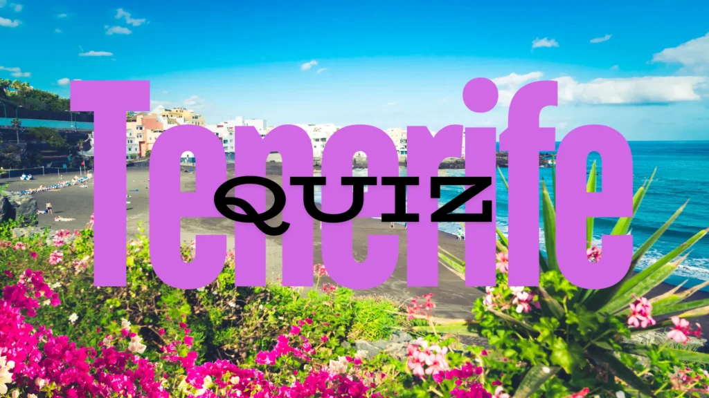 Tenerifei látkép, sziklás partszakasszal, óceán parttal, és lila virággal. Az előtérben egy szerkesztett grafikai elem "Tenerife quiz"