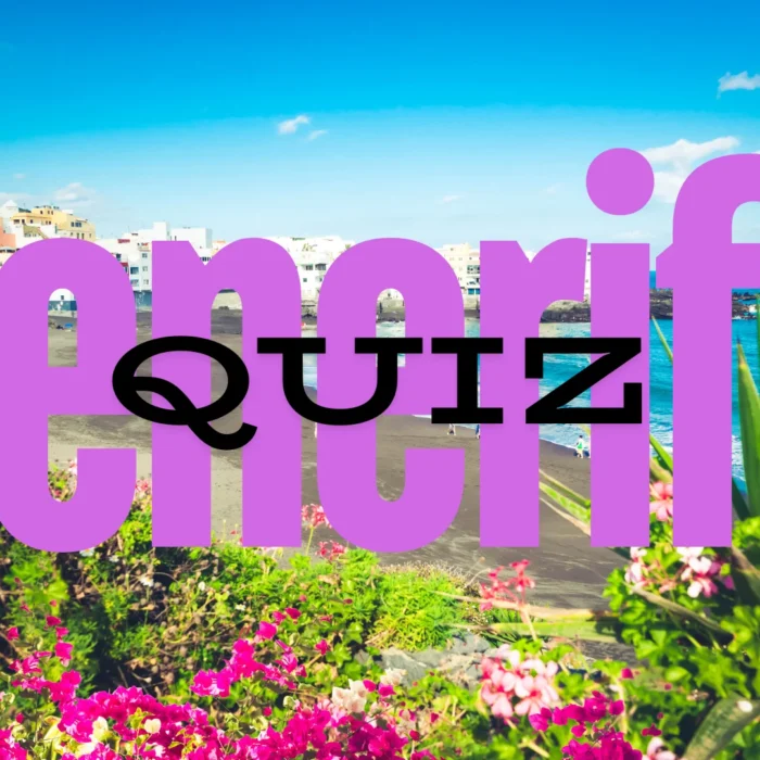 Tenerifei látkép, sziklás partszakasszal, óceán parttal, és lila virággal. Az előtérben egy szerkesztett grafikai elem "Tenerife quiz"